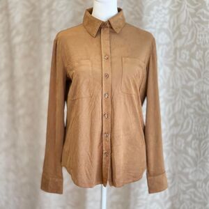 NWT Grace Faux Suede Button Down Shirt‎ Tan Long Sleeve Collared Size XS